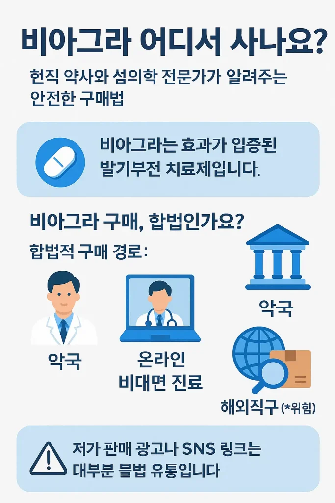 비아그라 정품을 안전하게 구매할 수 있는 방법을 정리한 인포그래픽. 약국, 온라인 비대면 진료, 해외직구의 장단점을 비교한 도표.